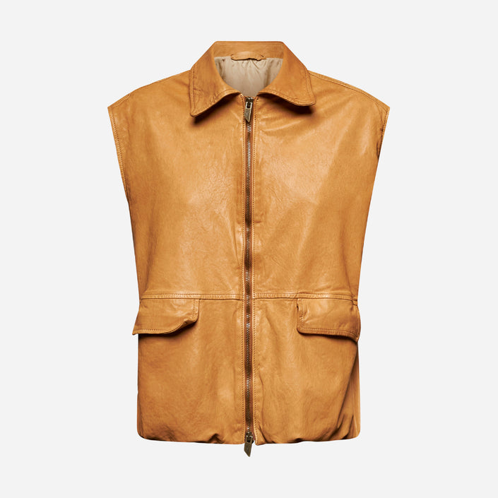 GILET UTILITY IN PELLE – CARAMEL