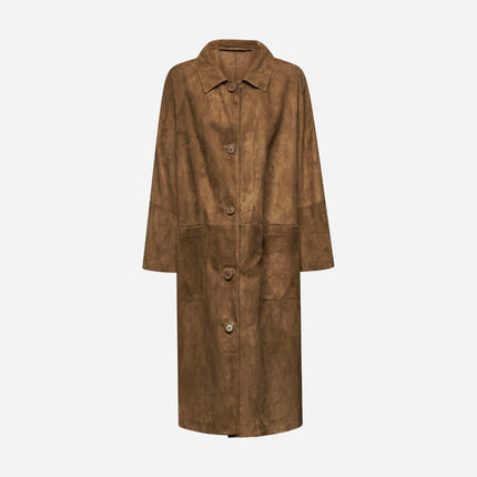 CAPPOTTO LUNGO IN PELLE SCAMOSCIATA – TERRA