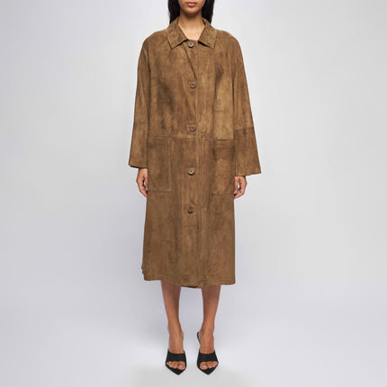CAPPOTTO LUNGO IN PELLE SCAMOSCIATA – TERRA