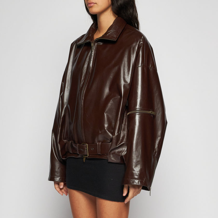 OVERSIZED LACKLEDERJACKE – DUNKELBRAUN