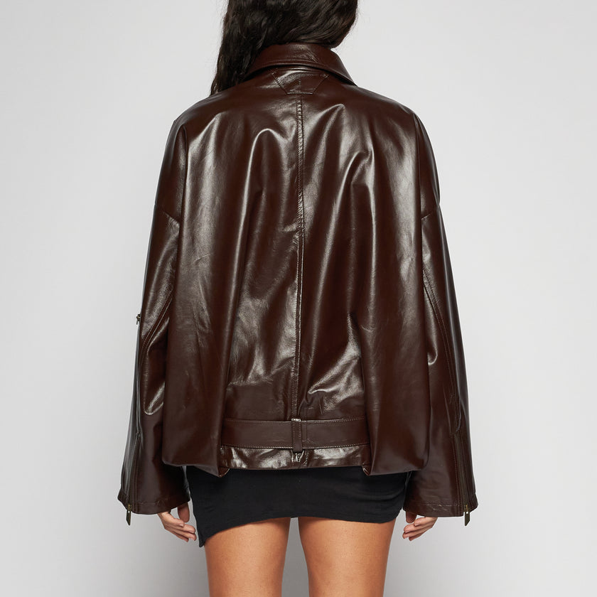 OVERSIZED LACKLEDERJACKE – DUNKELBRAUN