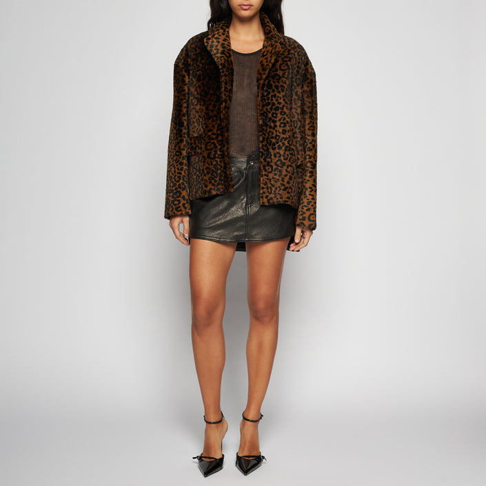 LEOPARD SHEARLING JACKET - BROWN