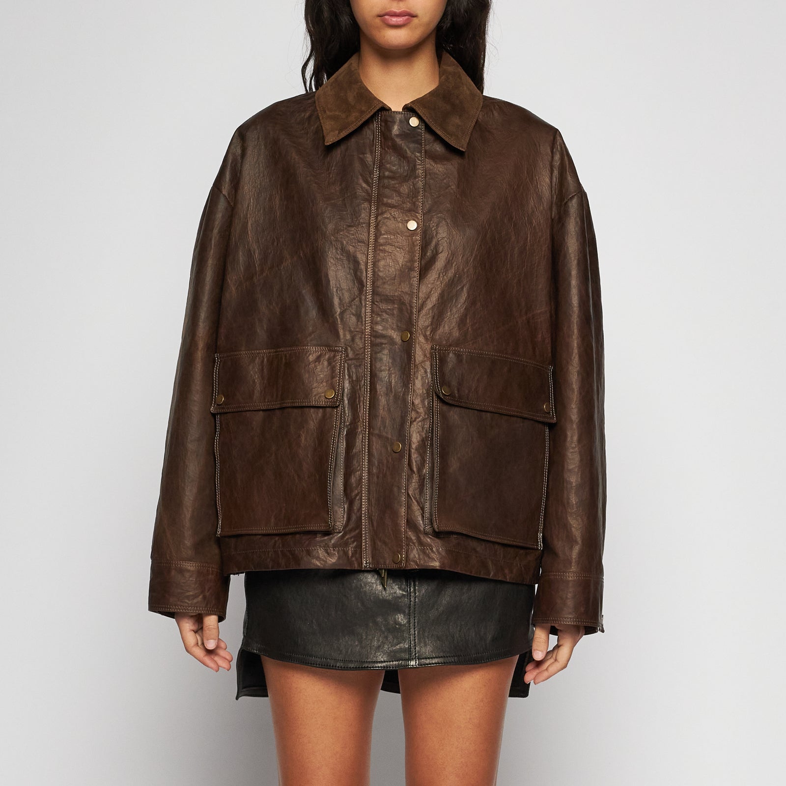 GIACCA WORK IN PELLE CERATA - BROWN