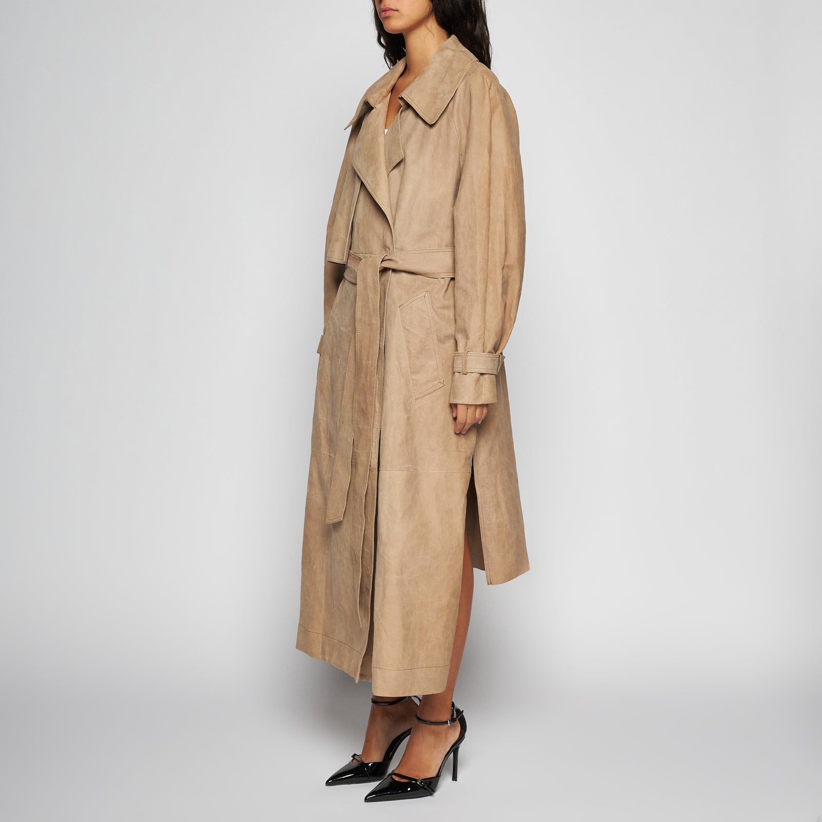 TRENCH IN PELLE SCAMOSCIATA - SAND