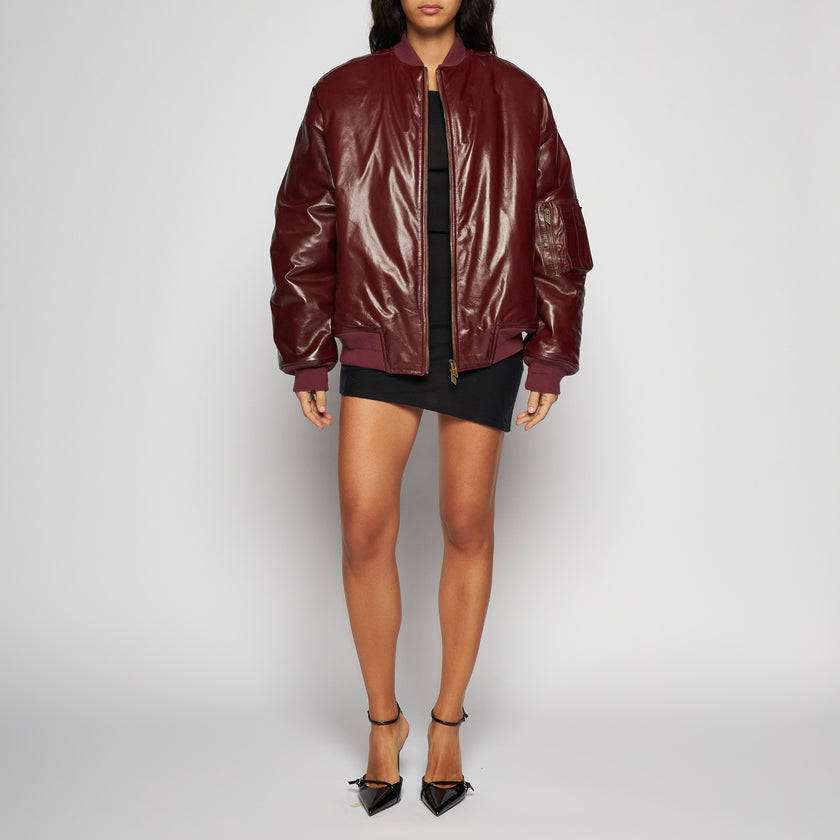 PATENT LEATHER BOMBER JACKET – BURGUNDY