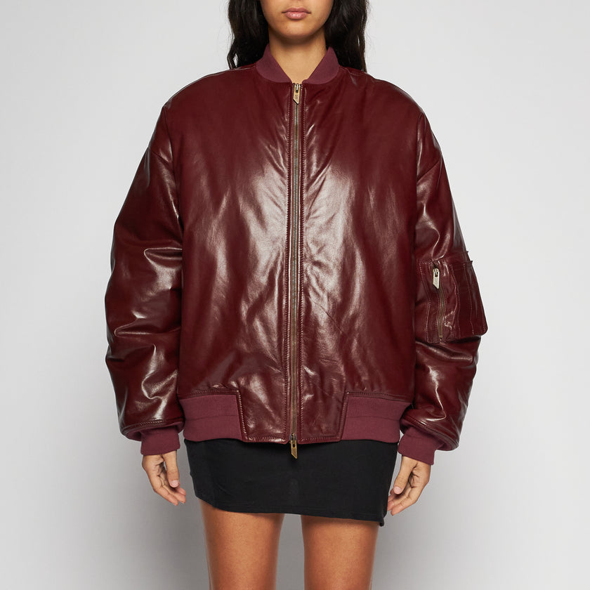 PATENT LEATHER BOMBER JACKET – BURGUNDY