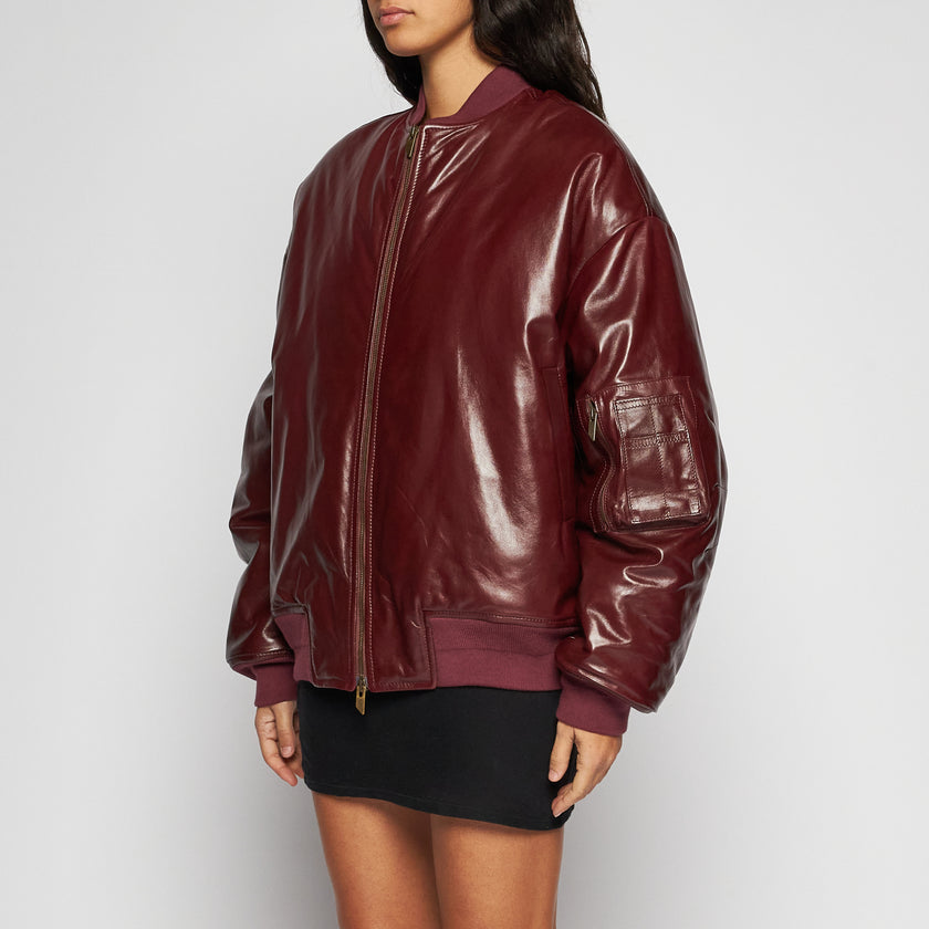 PATENT LEATHER BOMBER JACKET – BURGUNDY