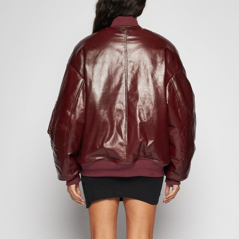 PATENT LEATHER BOMBER JACKET – BURGUNDY