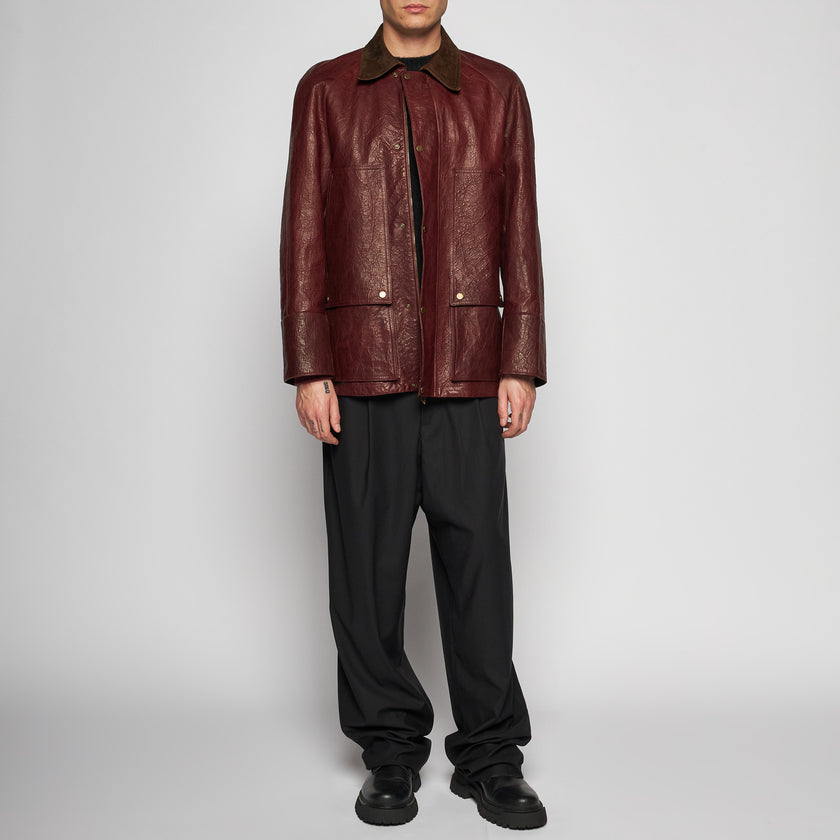 ARBEITSJACKE AUS GEWACHSTEM LEDER - BURGUNDERROT