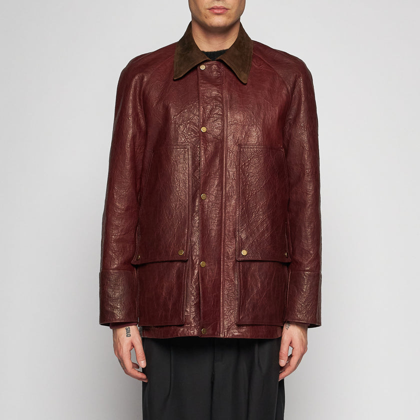 ARBEITSJACKE AUS GEWACHSTEM LEDER - BURGUNDERROT