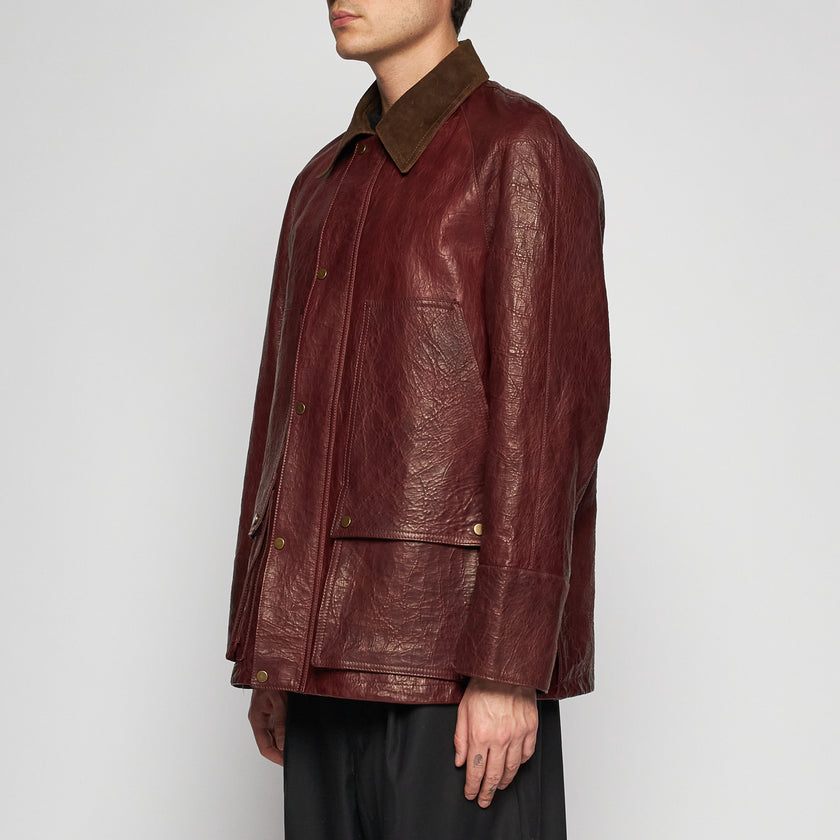 ARBEITSJACKE AUS GEWACHSTEM LEDER - BURGUNDERROT