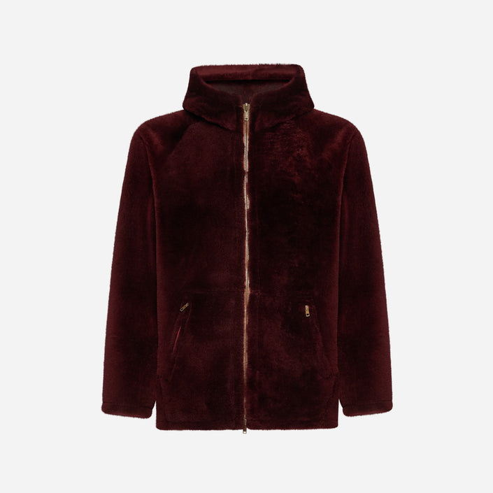 OVERSIZED SHEARLING HOODED JACKET - BURGUNDY
