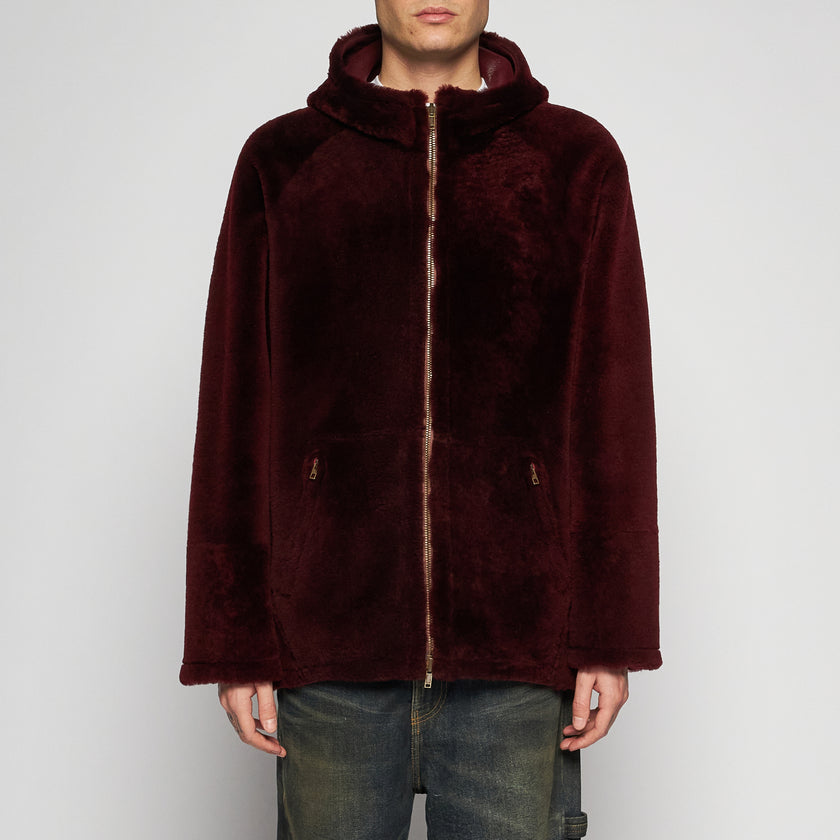GIACCA OVER CON CAPPUCCIO IN SHEARLING - BORDEAUX