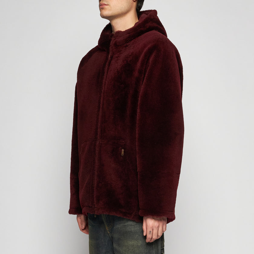 GIACCA OVER CON CAPPUCCIO IN SHEARLING - BORDEAUX