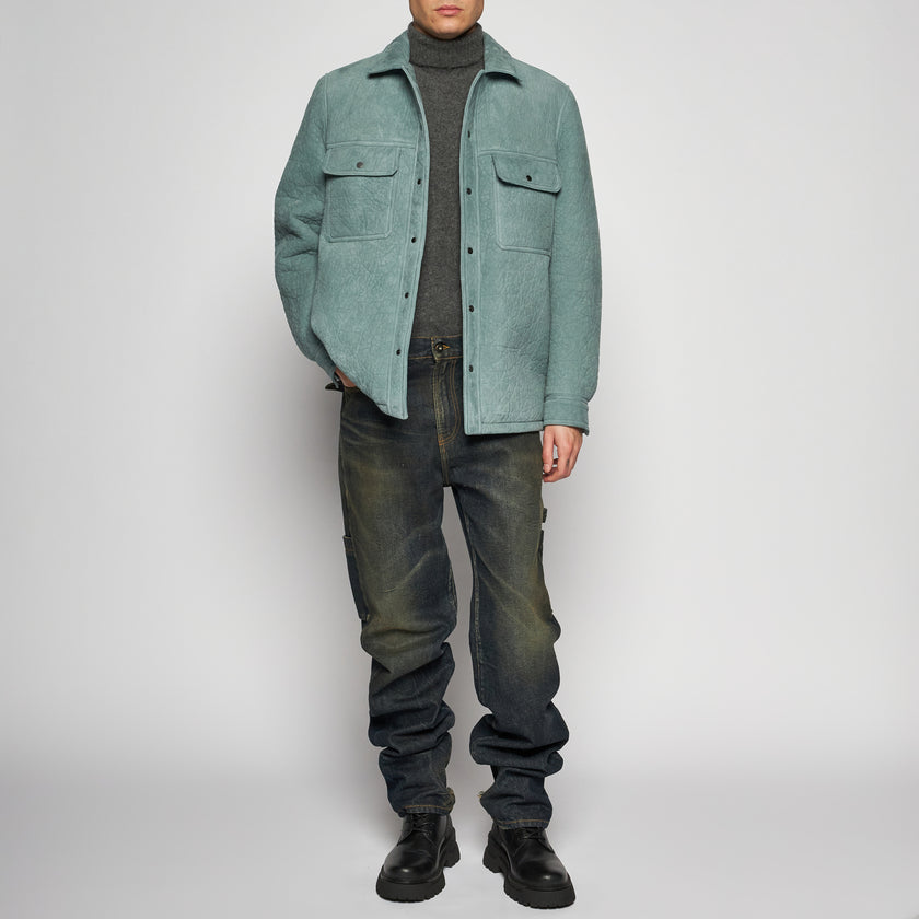 GIACCA CAMICIA IN PELLE SCAMOSCIATA MARTELLATA - ACQUA