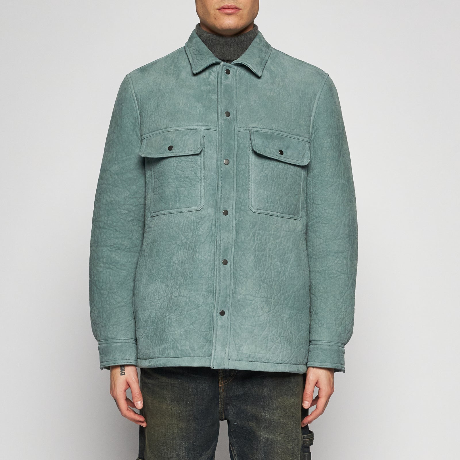 HAMMERED SUEDE SHIRT JACKET - WATER