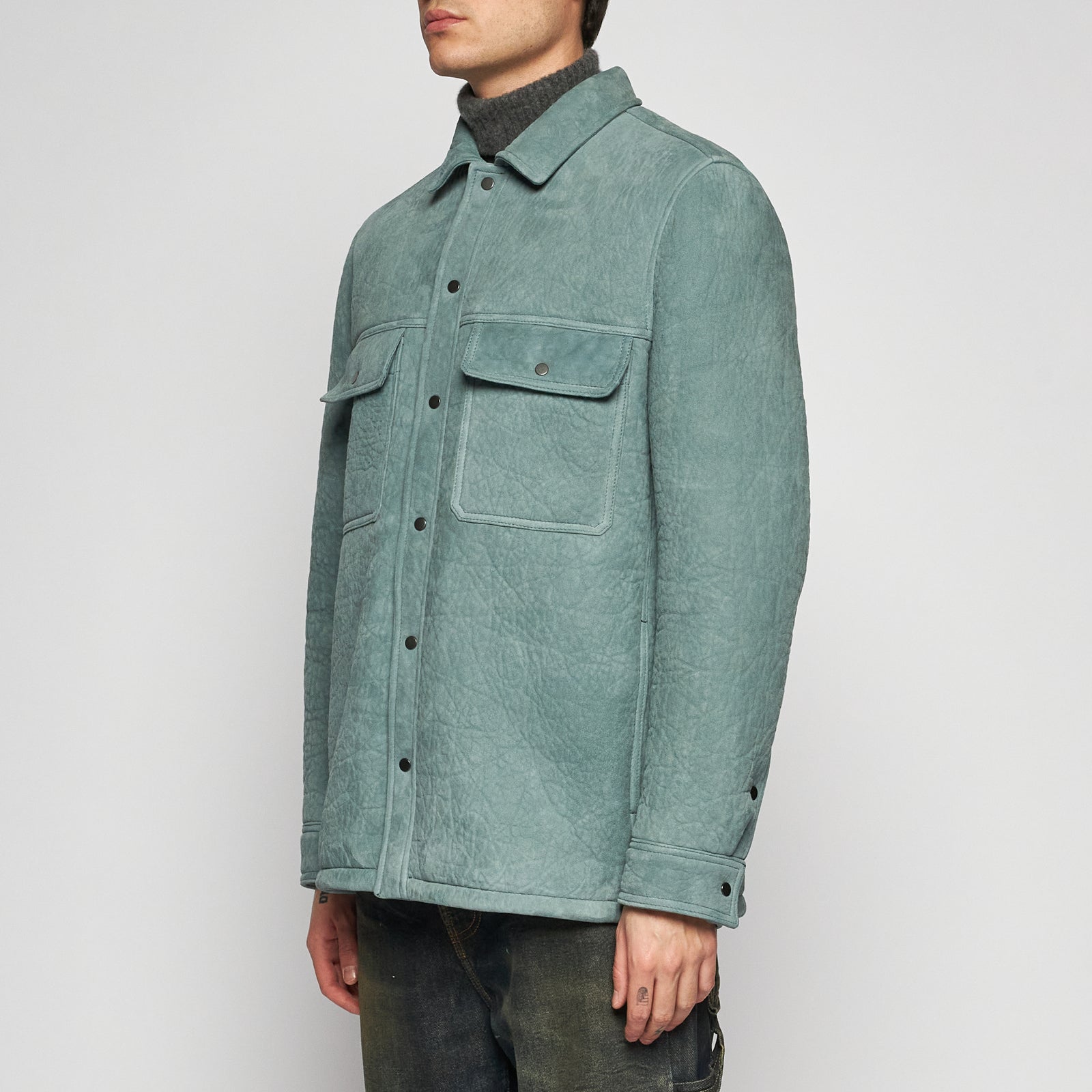 HAMMERED SUEDE SHIRT JACKET - WATER
