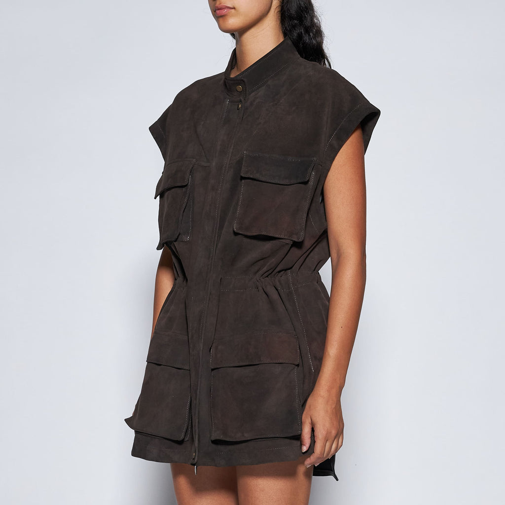 AGED SUEDE OVER-VEST - COFFEE