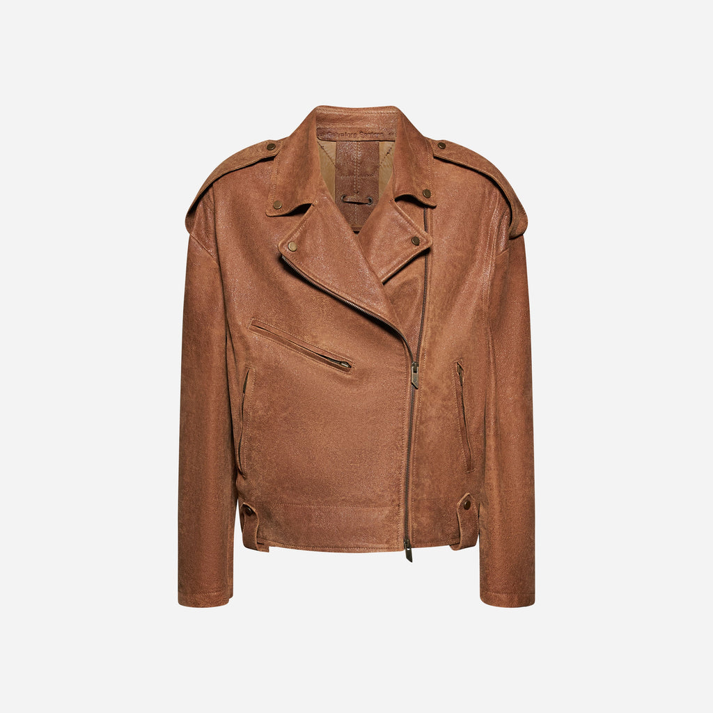GIACCA BIKER IN PELLE INVECCHIATA - CAMEL