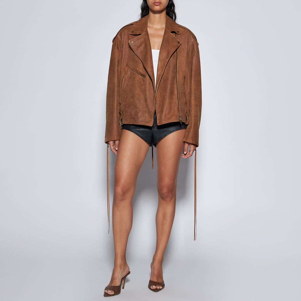 GIACCA BIKER IN PELLE INVECCHIATA - CAMEL