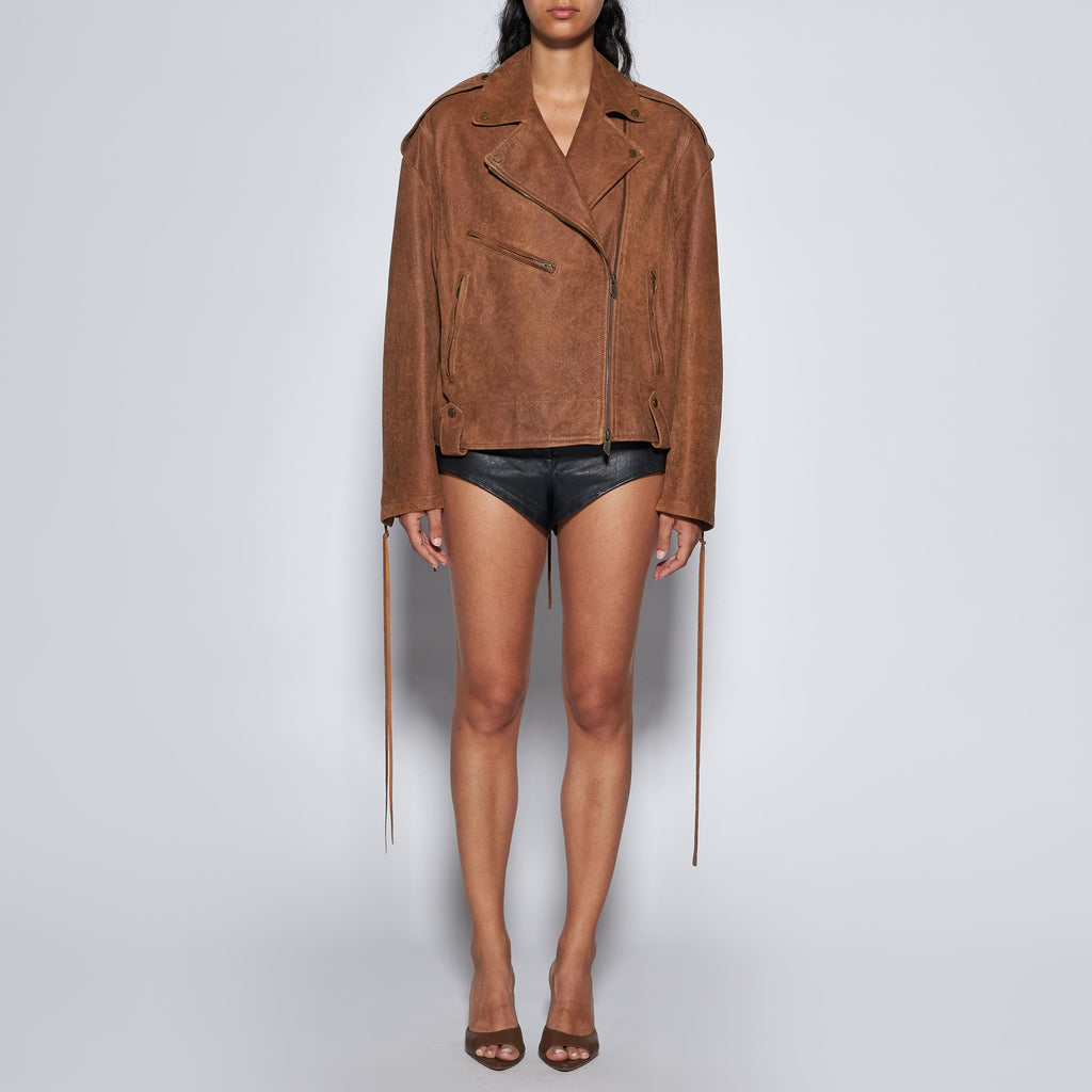 GIACCA BIKER IN PELLE INVECCHIATA - CAMEL