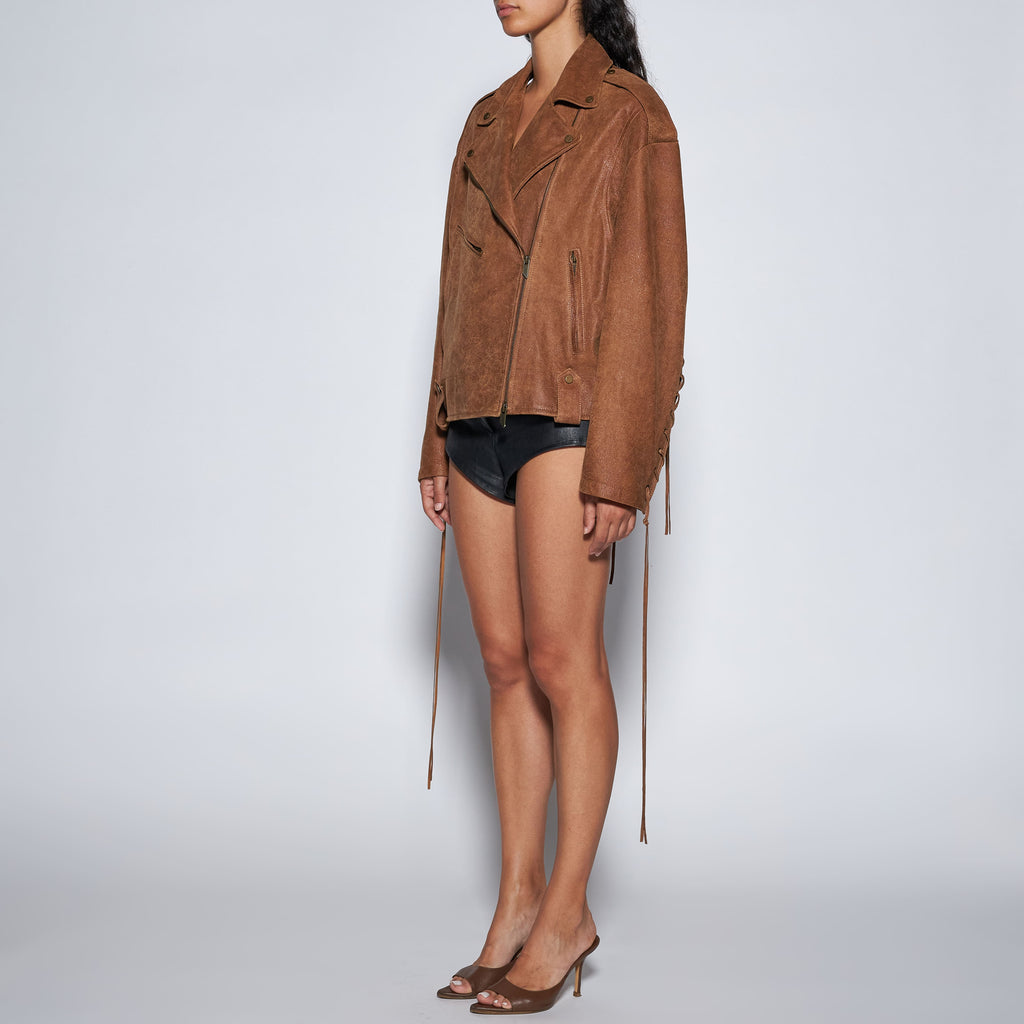 GIACCA BIKER IN PELLE INVECCHIATA - CAMEL