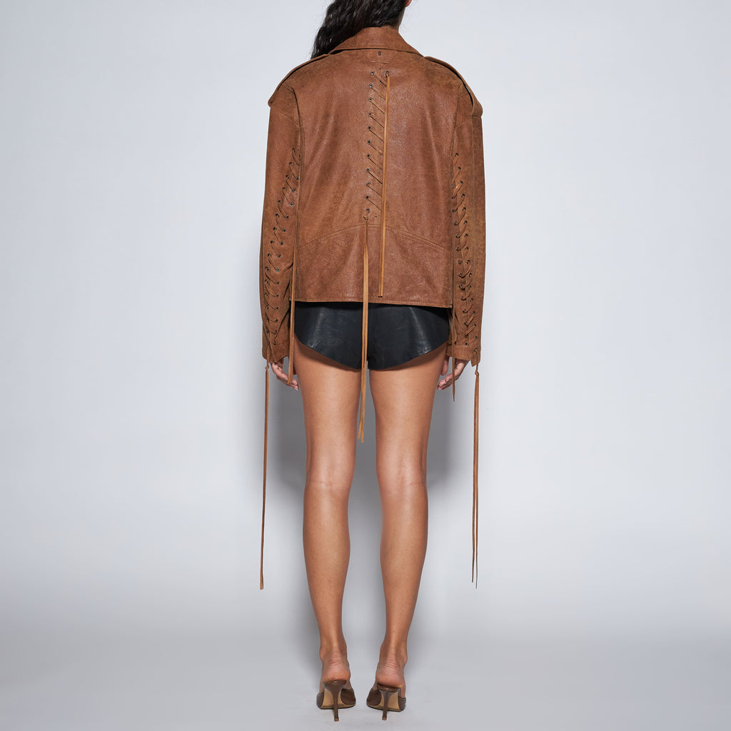 GIACCA BIKER IN PELLE INVECCHIATA - CAMEL