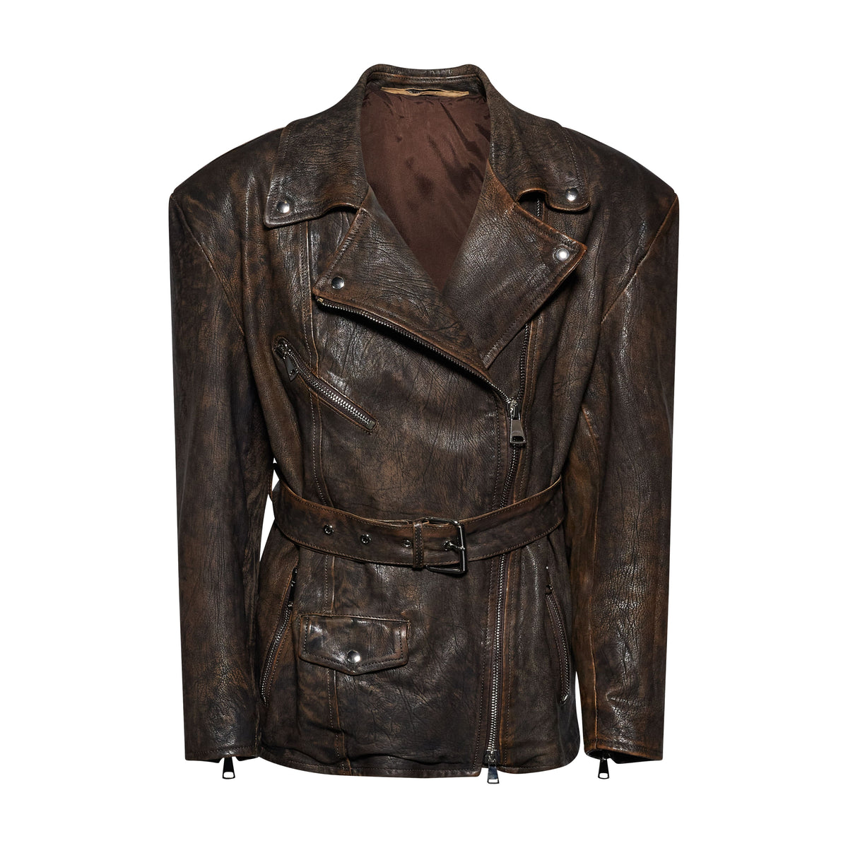 GIACCA BIKER IN PELLE EFFETTO CORTECCIA- BROWN – vista frontale