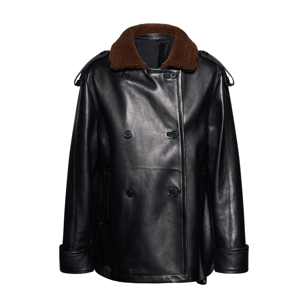 GIACCA DOPPIOPETTO CON COLLETTO IN SHEARLING - BLACK – vista frontale