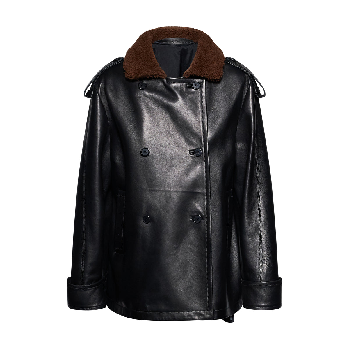 GIACCA DOPPIOPETTO CON COLLETTO IN SHEARLING - BLACK – vista frontale
