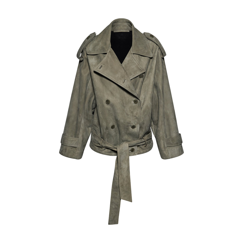 GIACCA DOPPIOPETTO IN PELLE SCAMOSCIATA CON CINTURA- ARMY – vista frontale