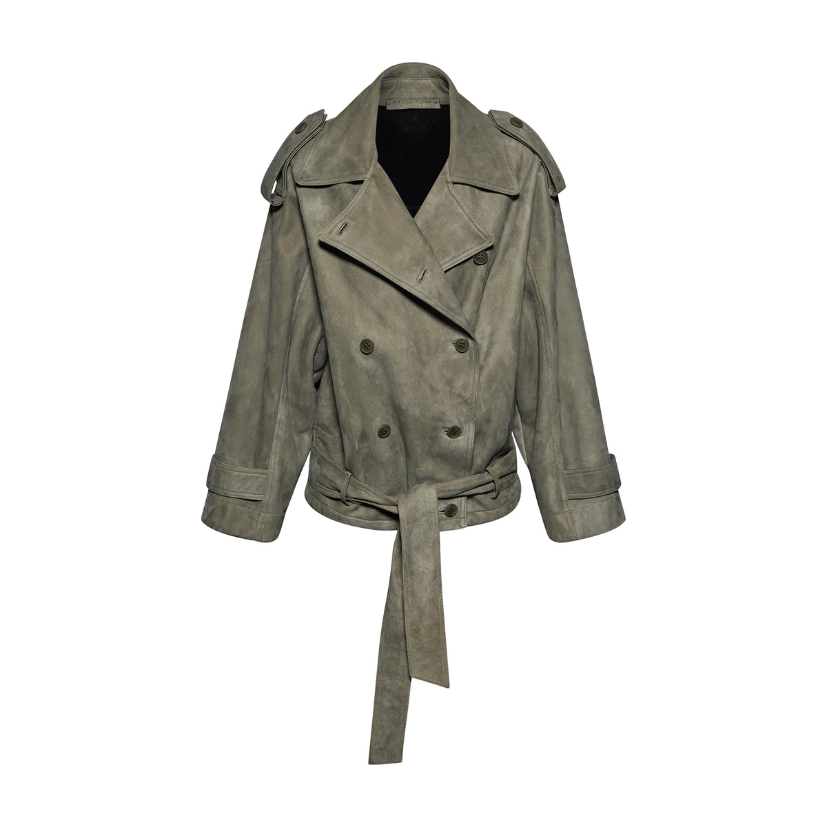 GIACCA DOPPIOPETTO IN PELLE SCAMOSCIATA CON CINTURA- ARMY – vista frontale