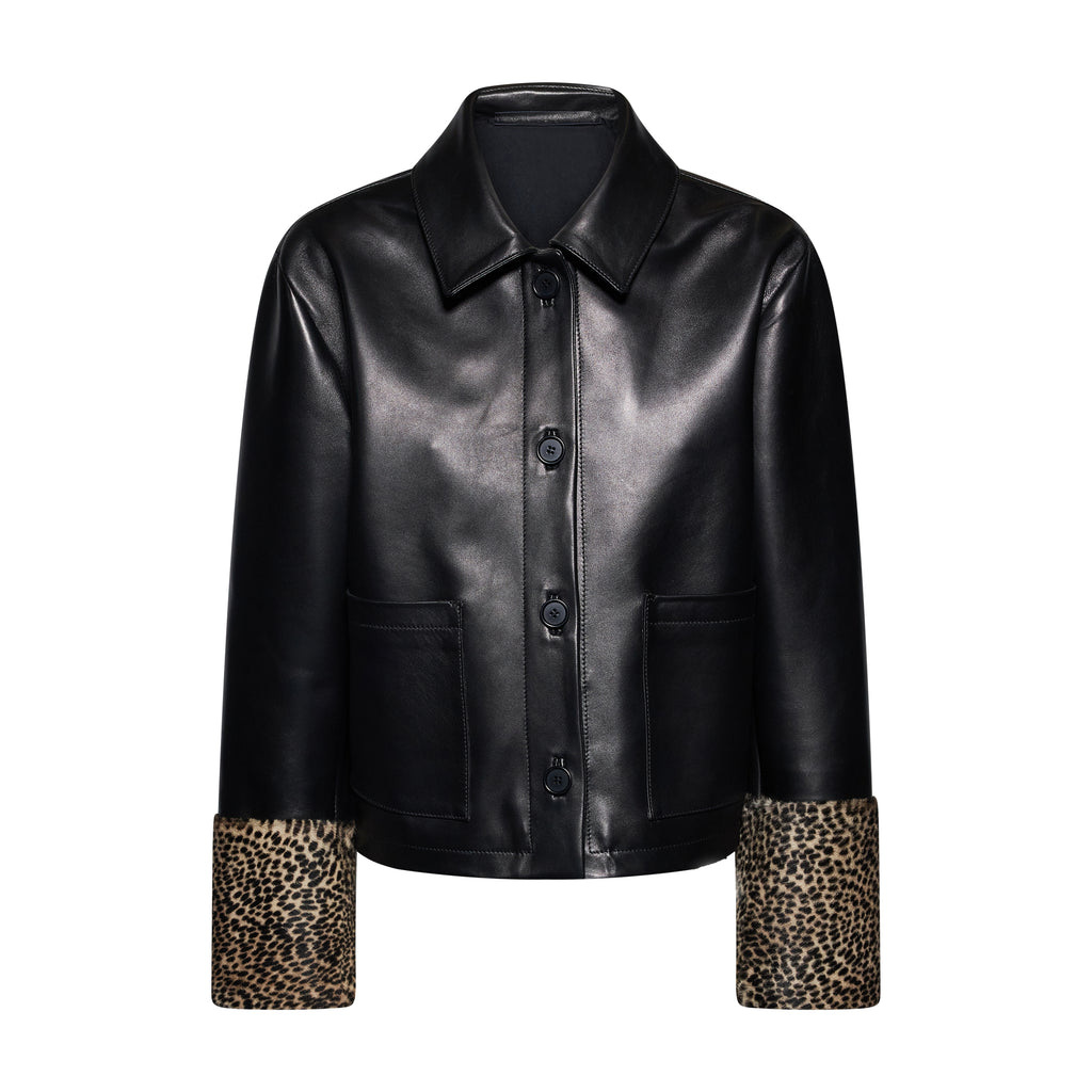 GIACCA IN PELLE CON POLSINI ANIMALIER - BLACK – vista frontale
