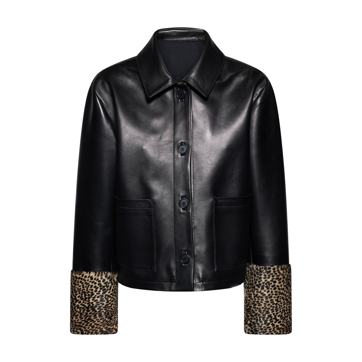GIACCA IN PELLE CON POLSINI ANIMALIER - BLACK – vista frontale