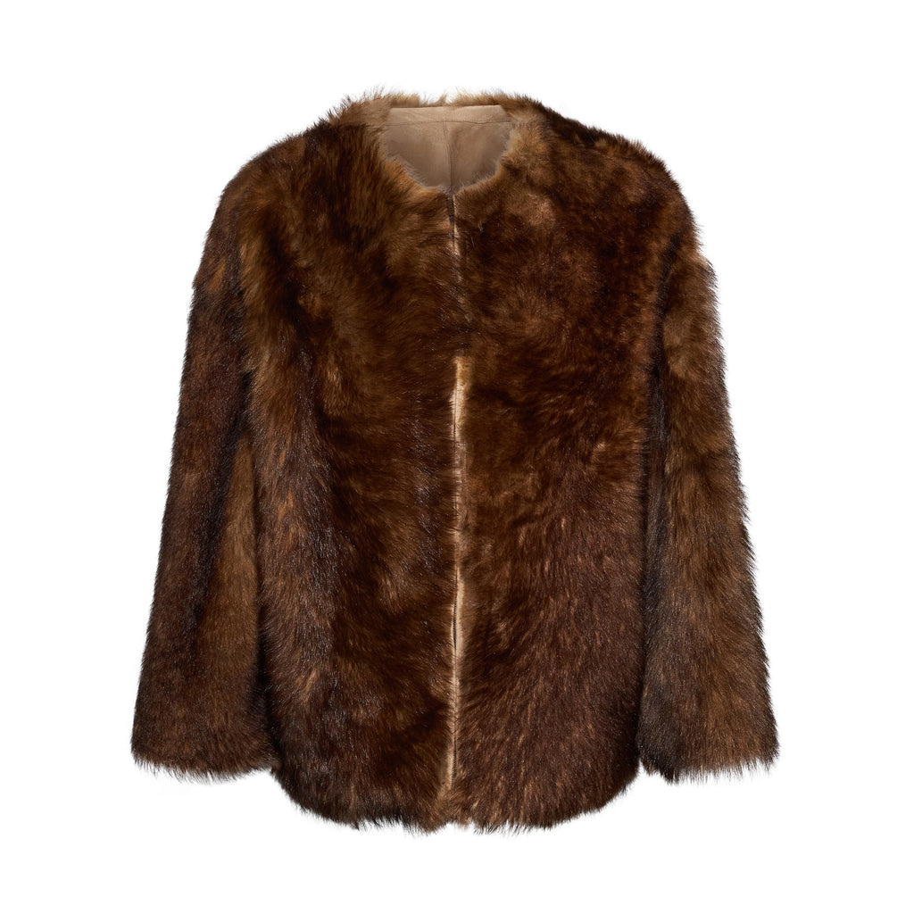 GIACCA IN SHEARLING - SAND/WHISKEY – vista frontale