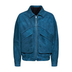 GIACCA IN PELLE SCAMOSCIATA - TEAL – vista frontale