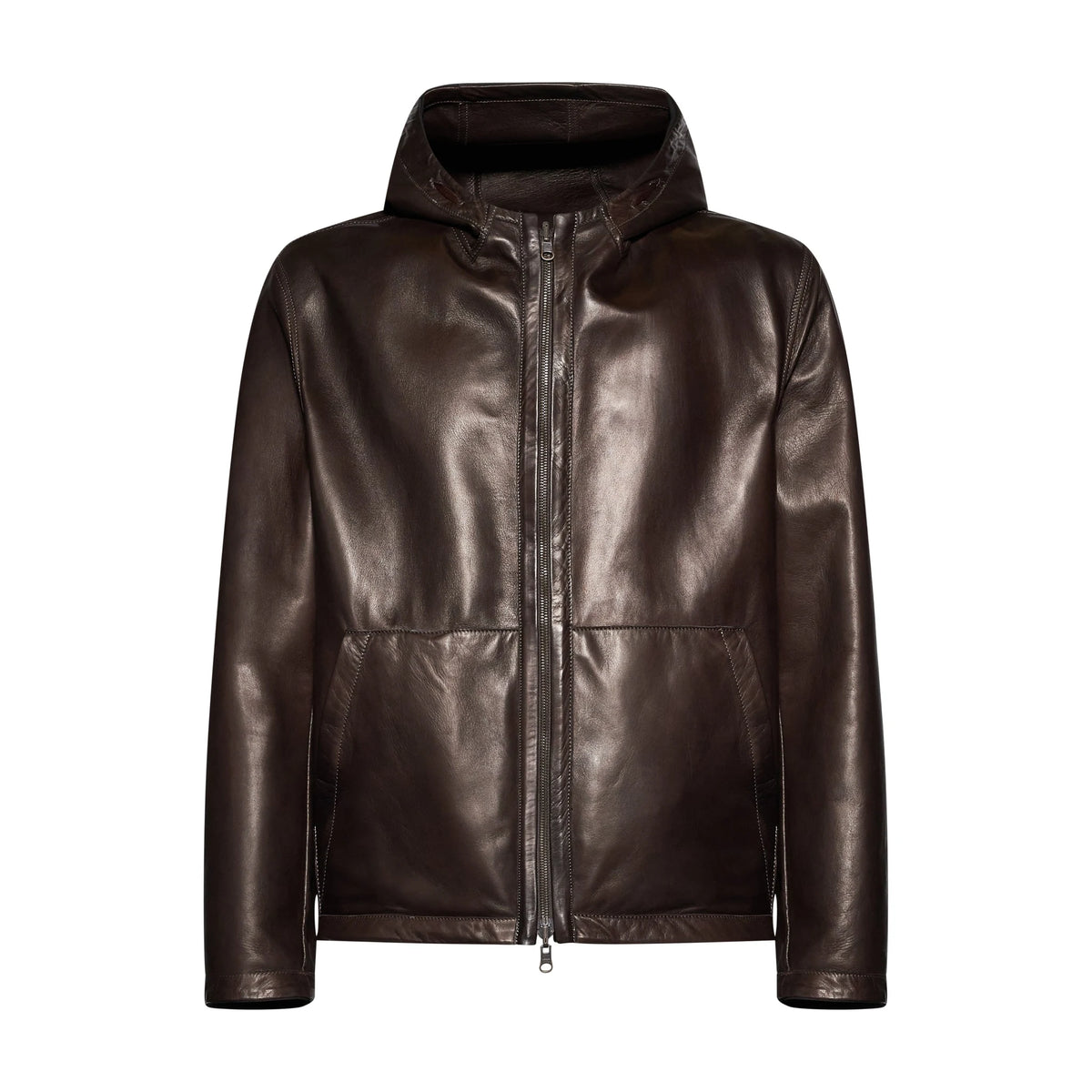 GIACCA CON CAPPUCCIO IN PELLE - DARK BROWN – vista frontale