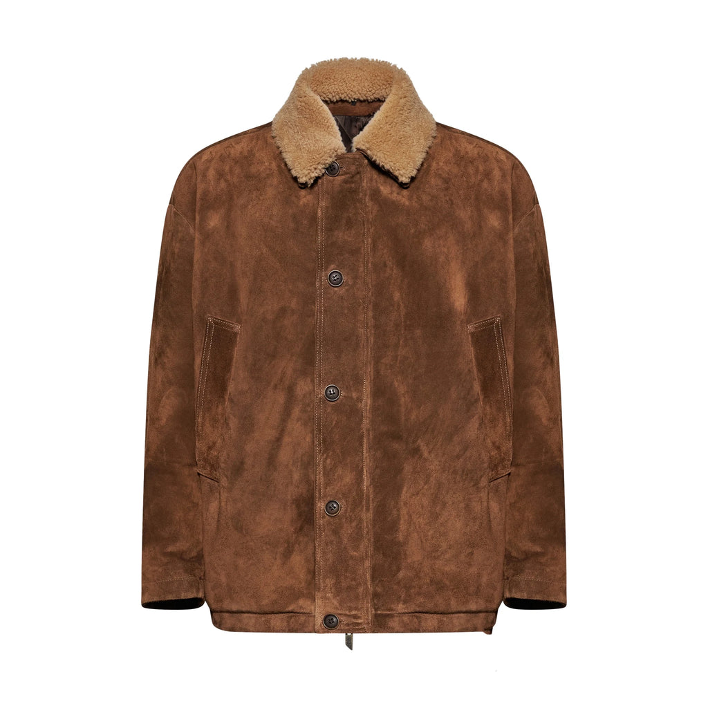 GIACCA IN PELLE SCAMOSCIATA CON COLLETTO IN SHEARLING - TOBACCO – vista frontale