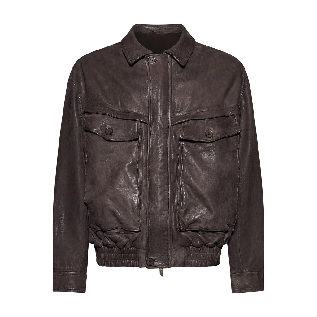GIACCA BOMBER IN PELLE PLONGÉ STROPICCIATA - COFFEE – vista frontale