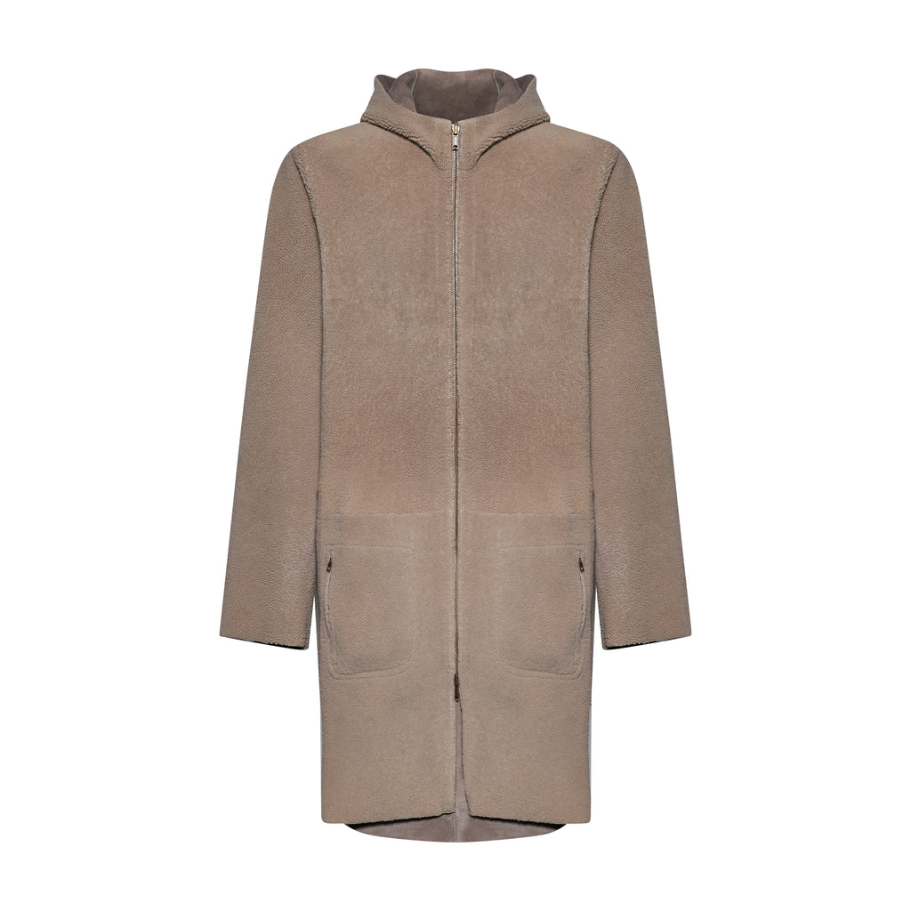 Cappotto in pelle plongé stropicciato con cappuccio - stone – vista aggiuntiva 3