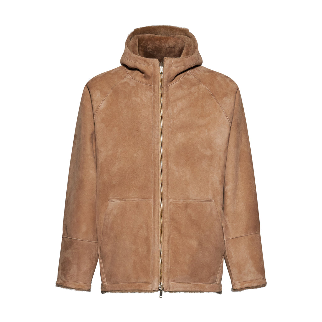 Giacca in shearling reversibile con cappuccio - choco – vista frontale