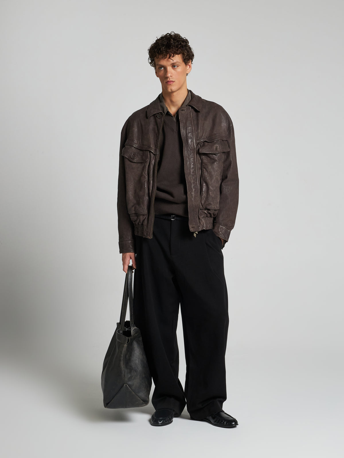 GIACCA BOMBER IN PELLE PLONGÉ STROPICCIATA - COFFEE