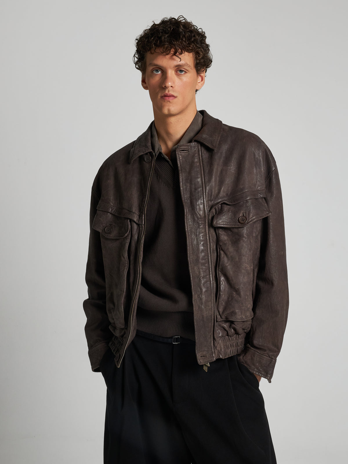 GIACCA BOMBER IN PELLE PLONGÉ STROPICCIATA - COFFEE