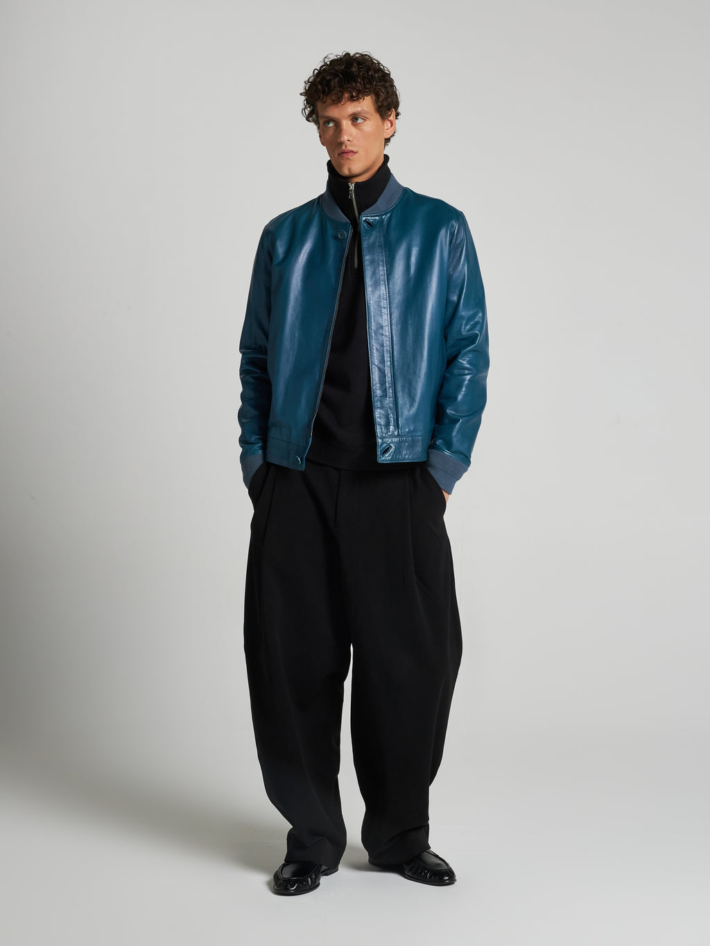LEATHER BOMBER JACKET - TEAL