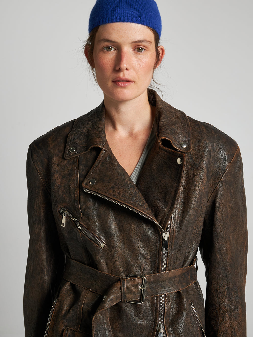 GIACCA BIKER IN PELLE EFFETTO CORTECCIA- BROWN
