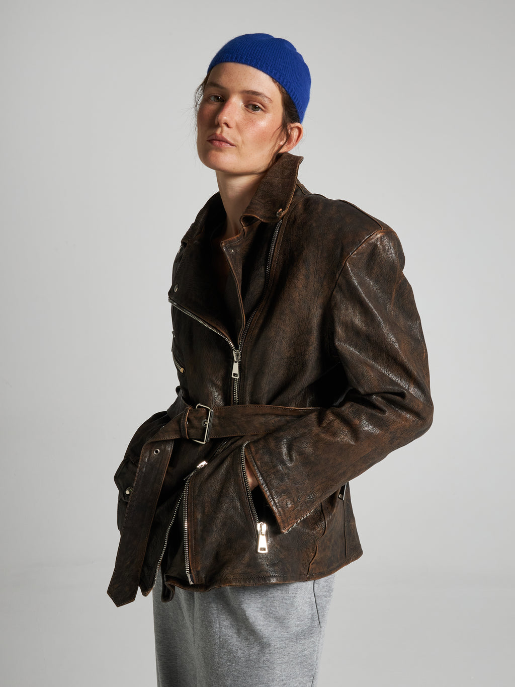 GIACCA BIKER IN PELLE EFFETTO CORTECCIA- BROWN
