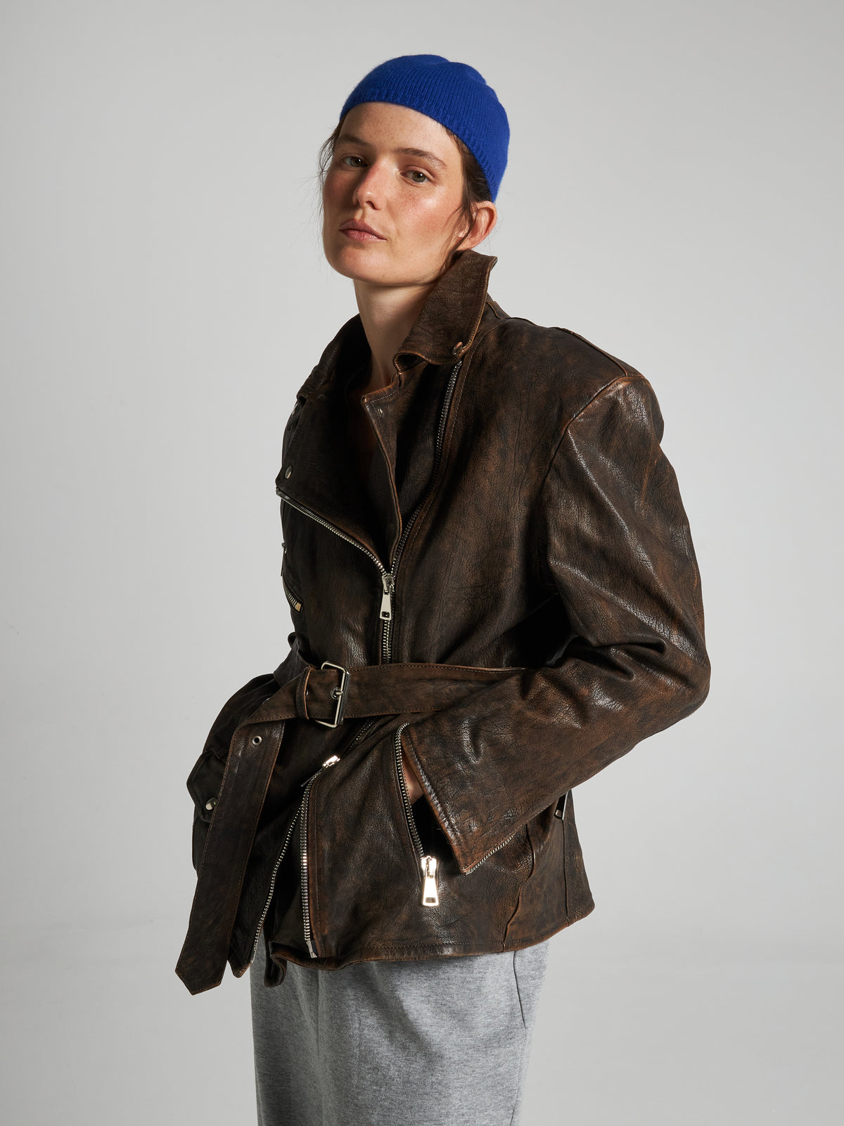GIACCA BIKER IN PELLE EFFETTO CORTECCIA- BROWN