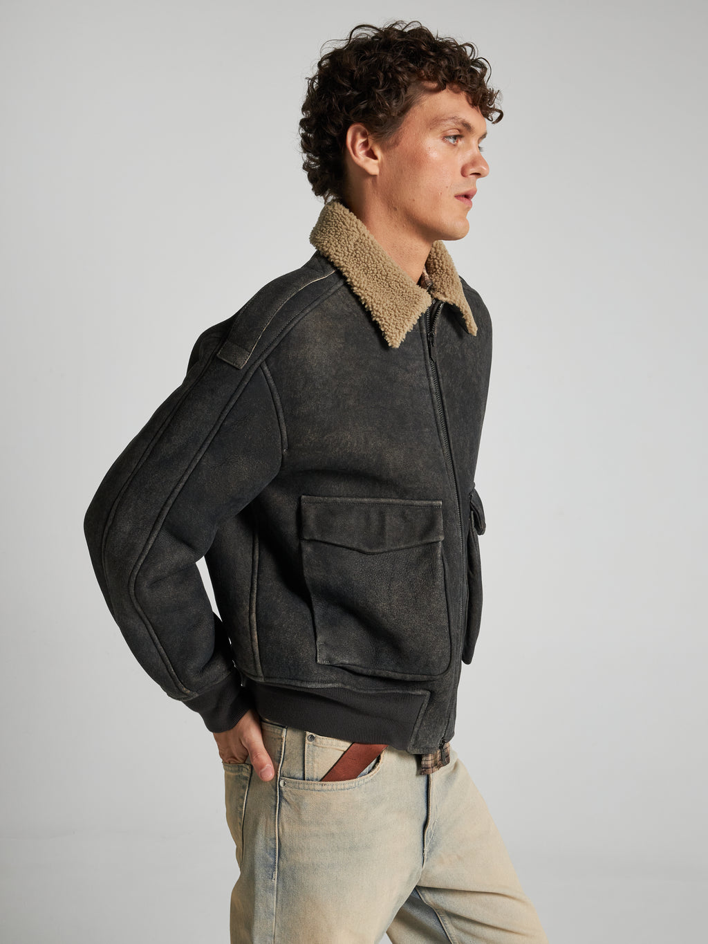 BOMBER IN SHEARLING - GREY/SPAGO