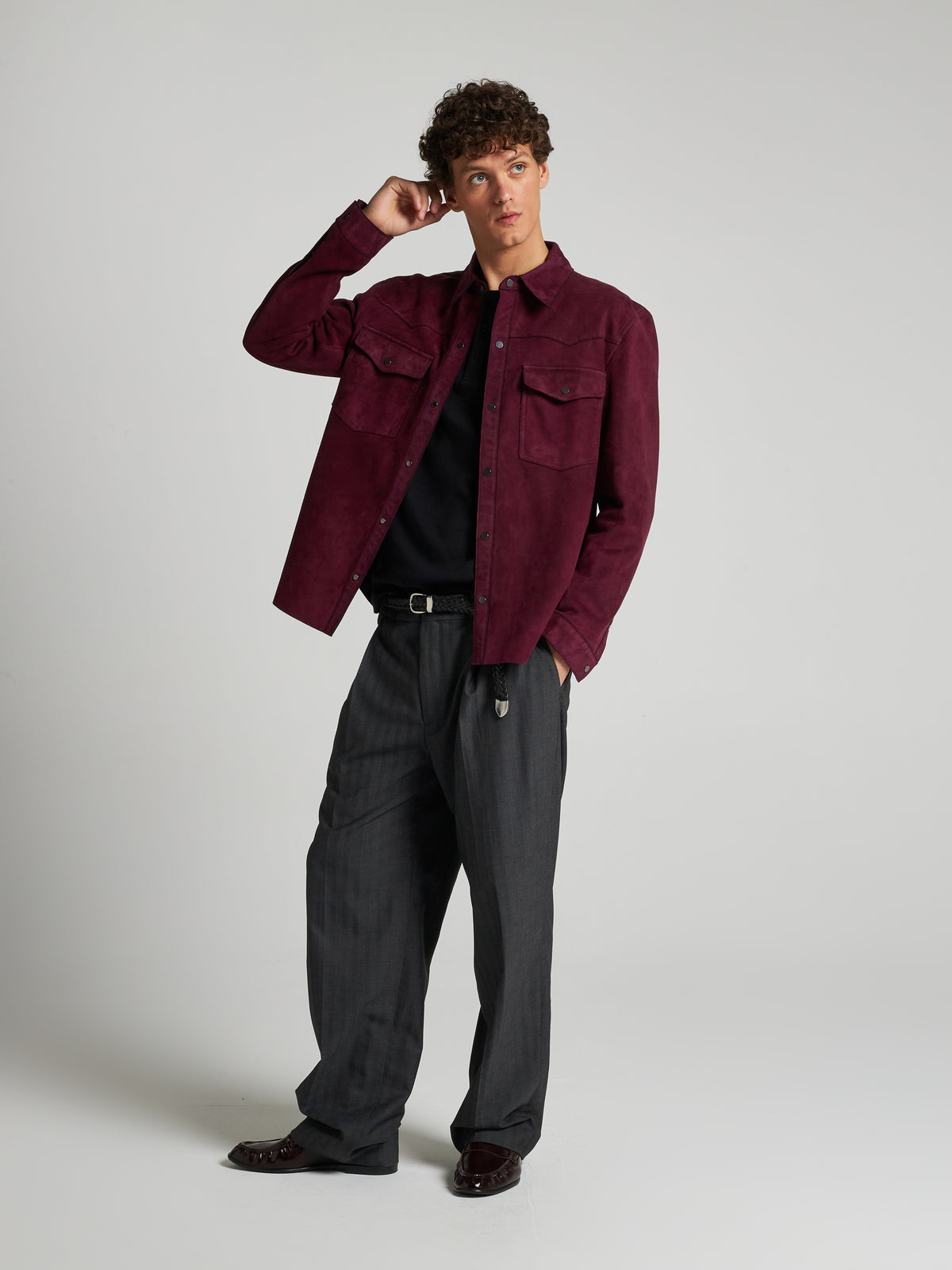 CAMICIA TEXANA IN PELLE SCAMOSCIATA - PLUM