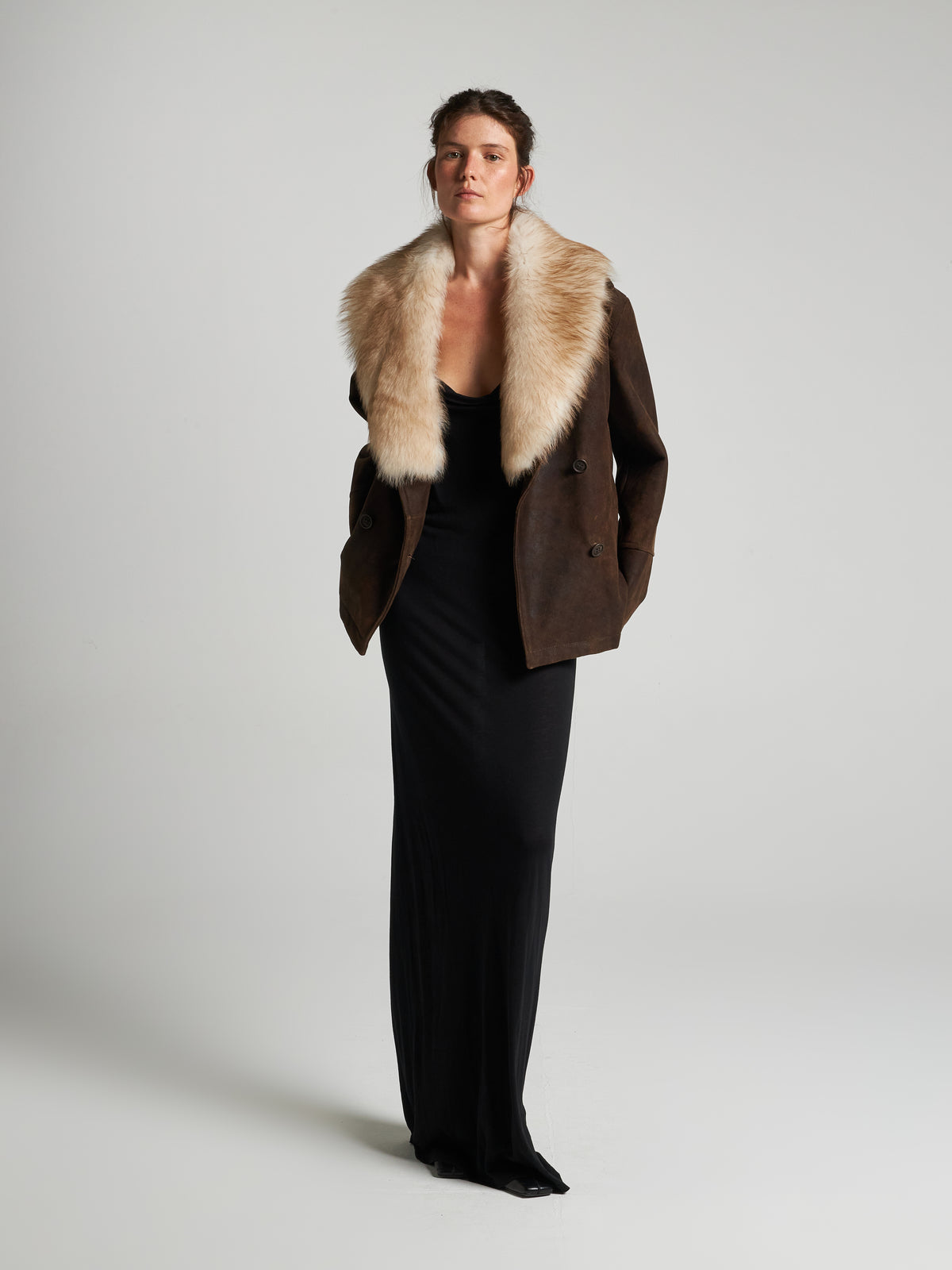GIACCA DOPPIOPETTO IN PELLE SCAMOSCIATA- BROWN